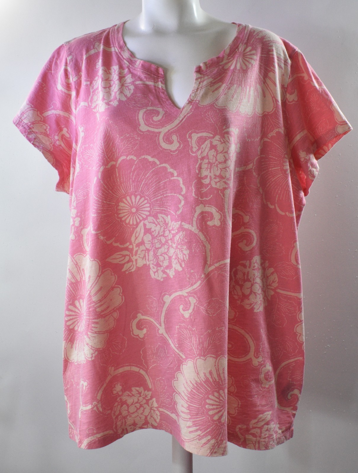 Avenue Tunic Top Women 26/28 Pink White 100% Cotton V Neck Short Sleeve Tropical
