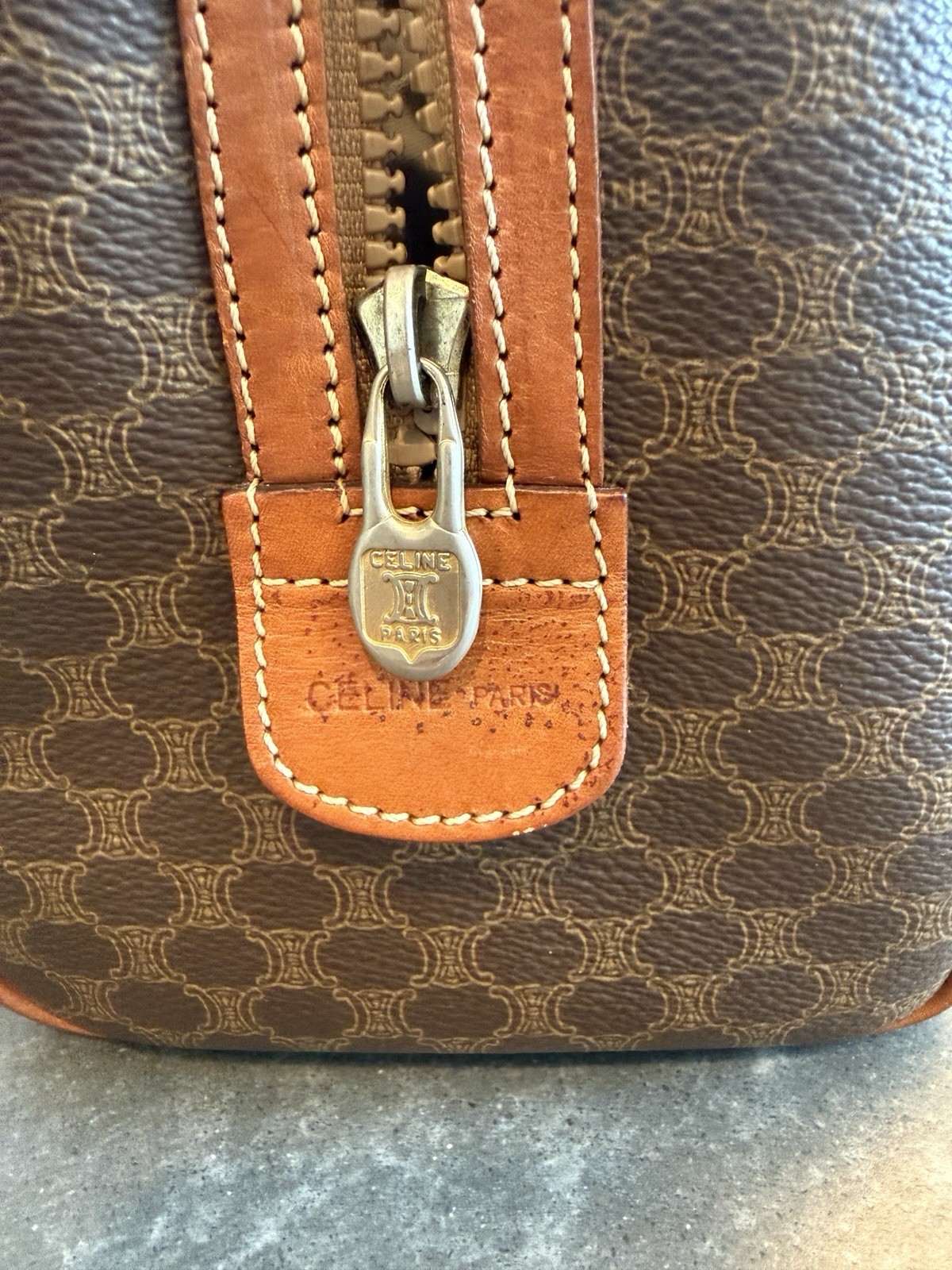 Authentic Vintage Celine Macadam Boston Bag Brown Leather Italy Satchel