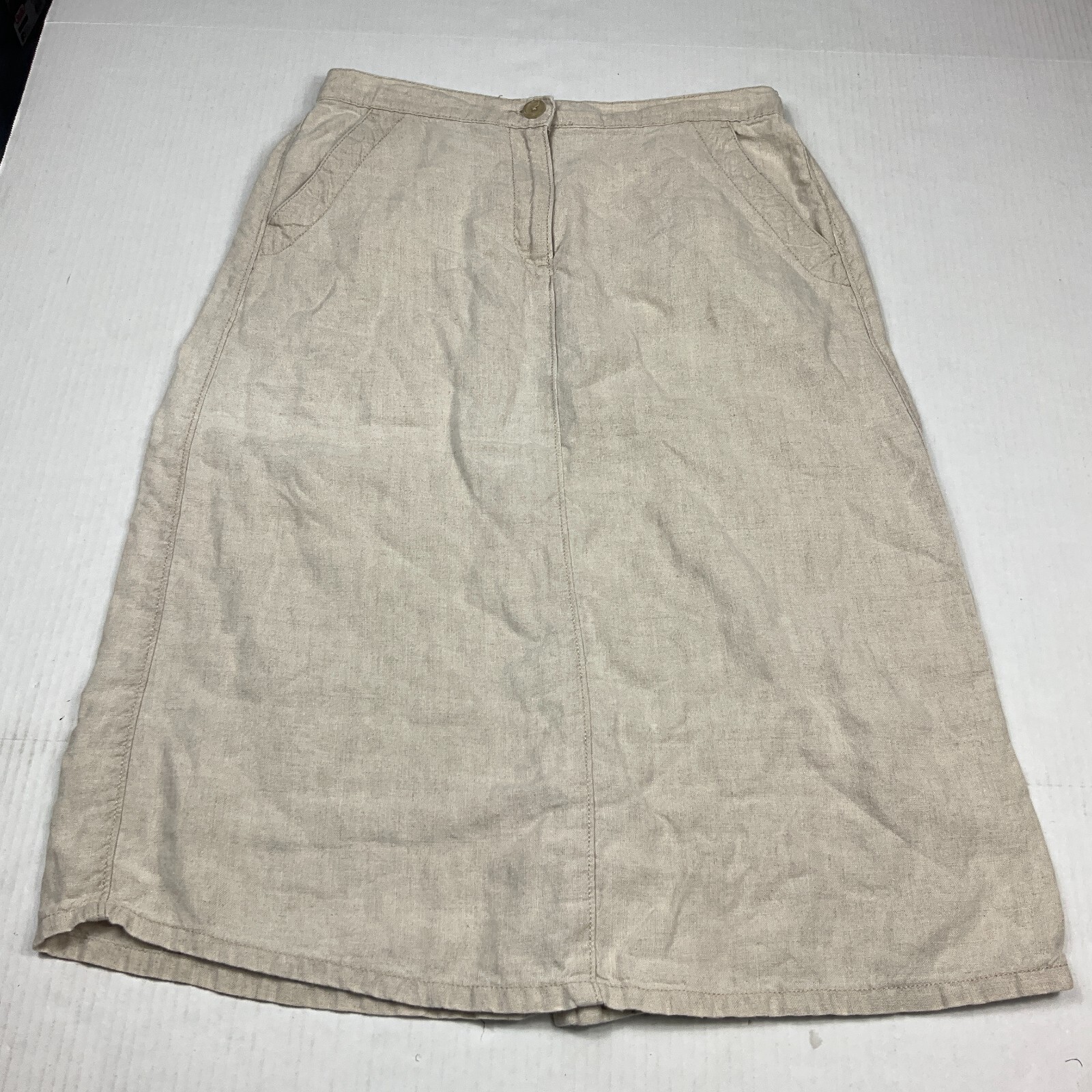 LL Bean Linen Skirt Beige Casual Elastic Waist Breathable Zip Minimalist 8P