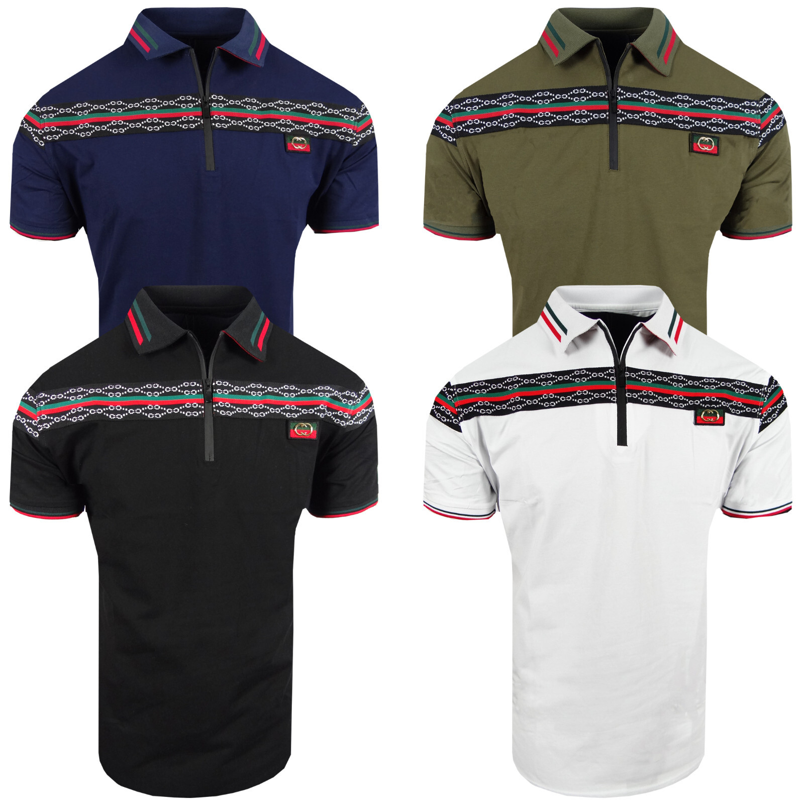 Polo Shirt Mens Embroidered Italian Designer Logo Stripe Zip Collar Slim Stretch