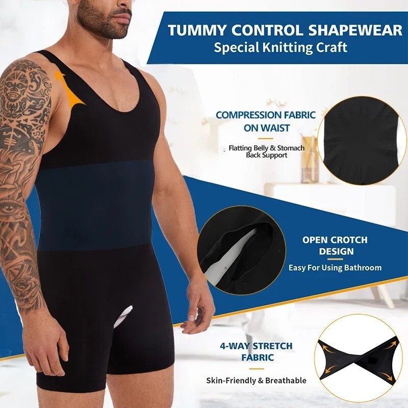 Men Shapewear Tummy Control Full Body Shaper Compression Slim Bodysuit Jumpsuits