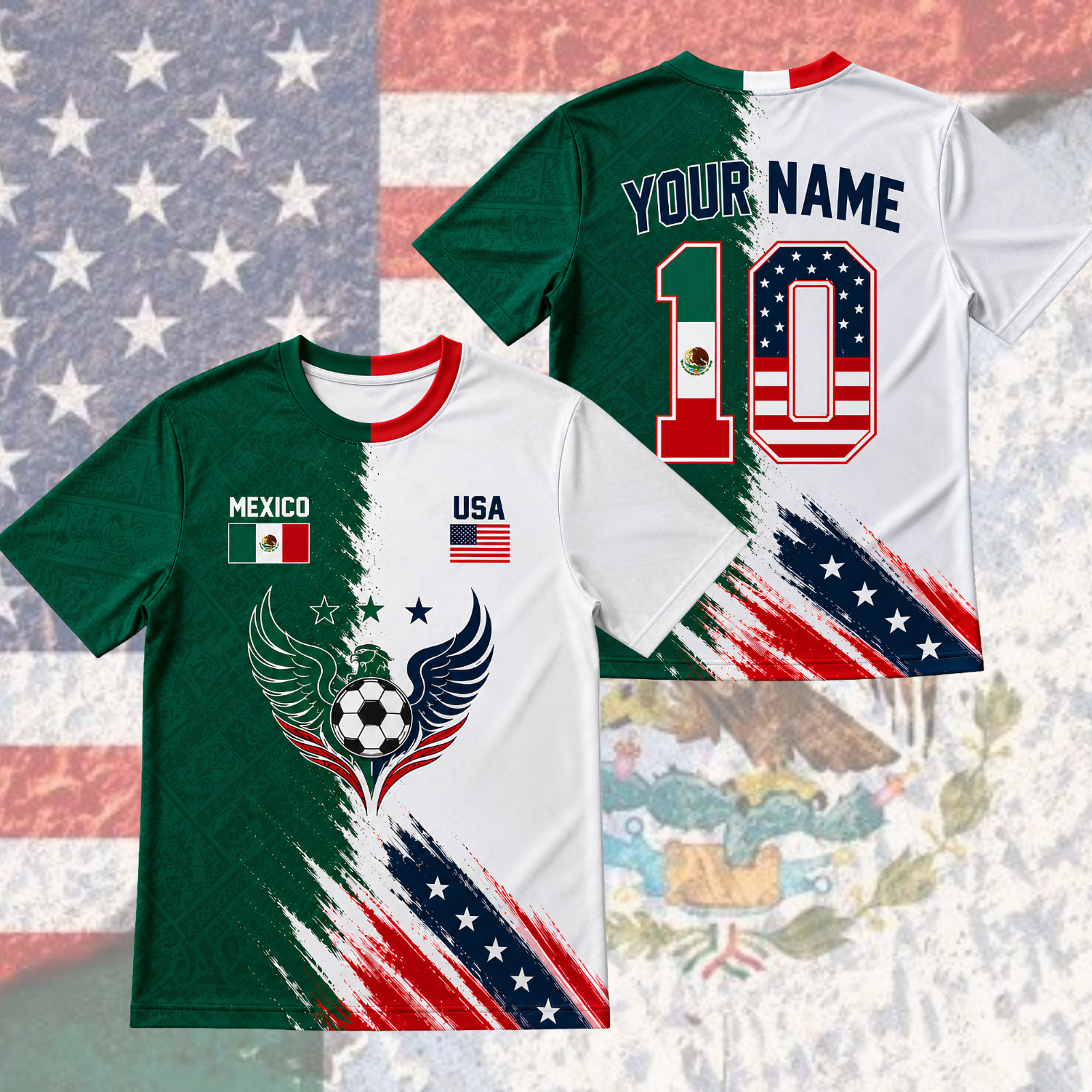 Mexico USA Soccer Jersey Mens Custom Name Number Aztec Mexican American (S-5XL)