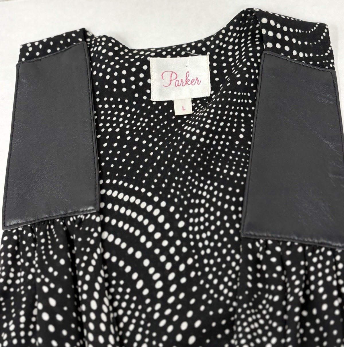 Parker Womens Silk Leather Blouse Tunic Large Black V-Neck Sleeveless Steampunk