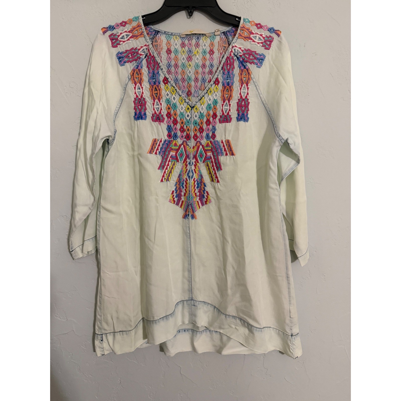 Soft Surroundings Embroidered Tencel Tunic Top Light Wash Blue Boho Womens M