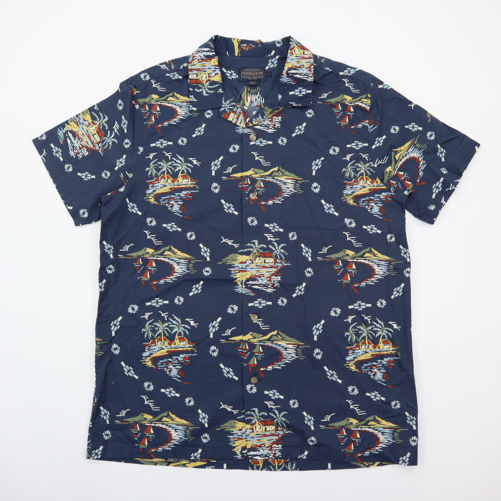 Pendleton Loop Collar Camp Shirt Mens Large Button Up Blue Aloha Hawaiian NWT
