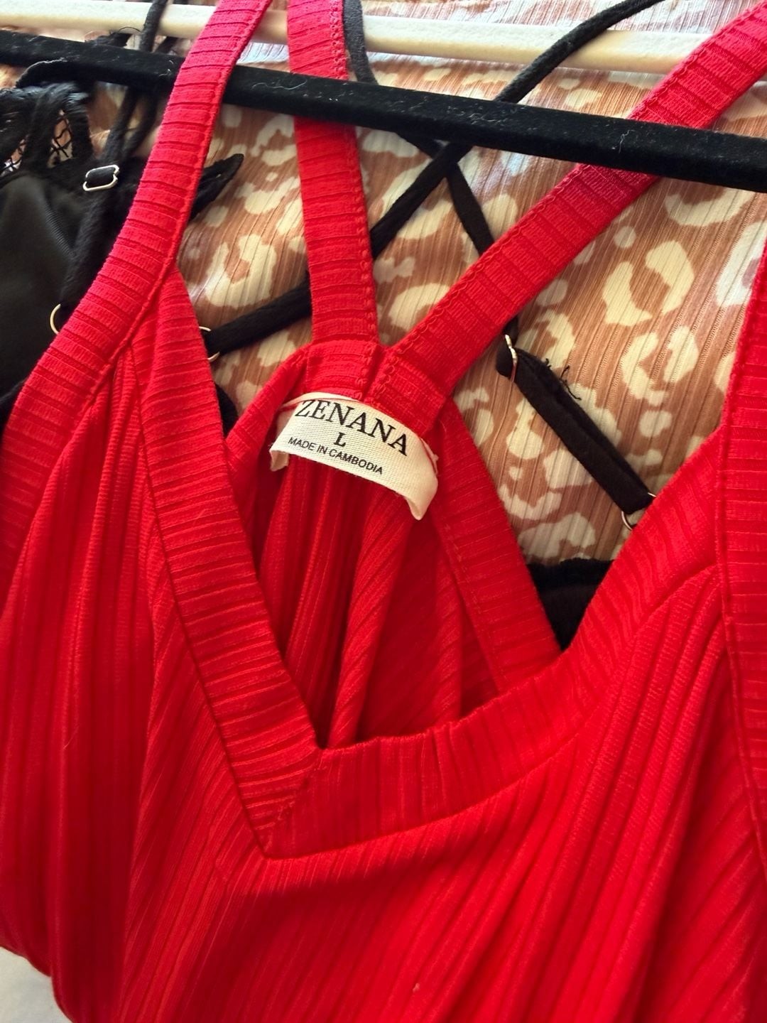 Zenana Red Ribbed V-Neck Tank Top with Crisscross Straps