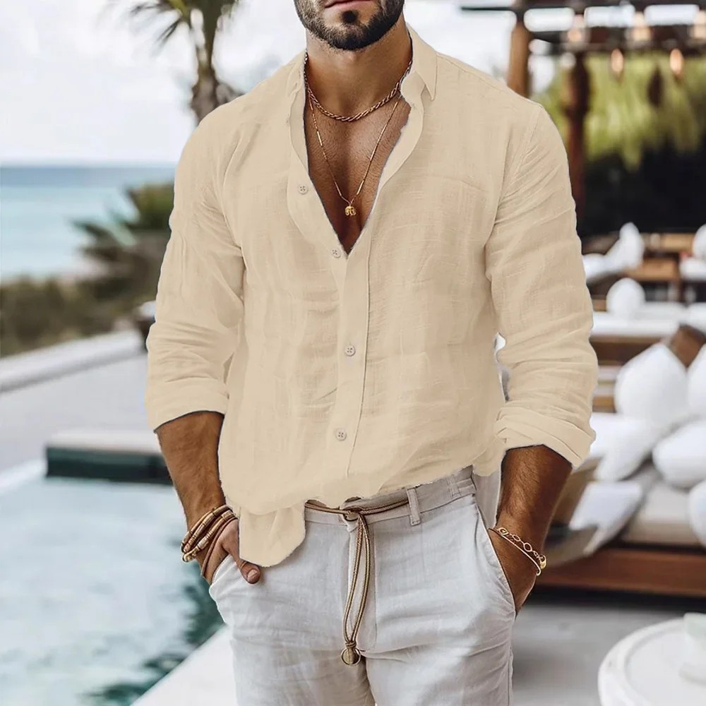 Camisa de lino y algodón para hombre camisa de manga larga Color sólido, estilo