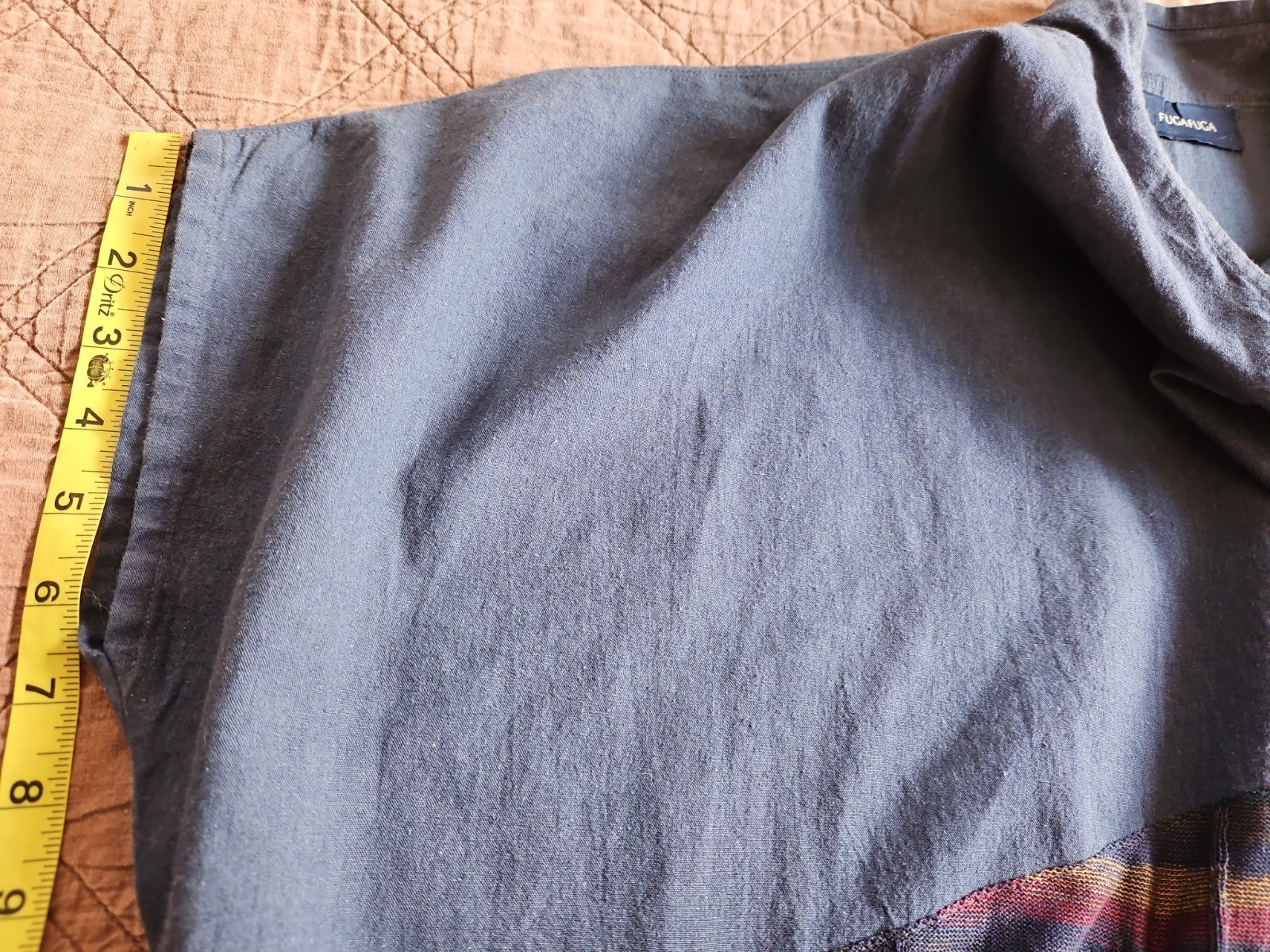 FUGA FUGA O/S Blue/Multi Linen Blend Mixed Media Boxy Cropped Top Mesh