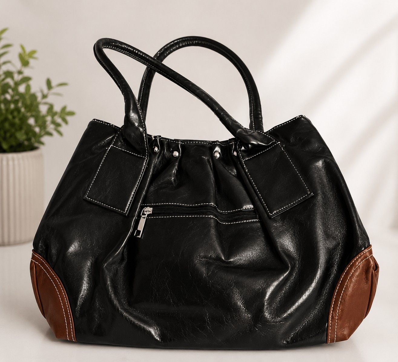 Brown/Black Colorblock Shoulder Bag Silver Hardware, Outer Pockets