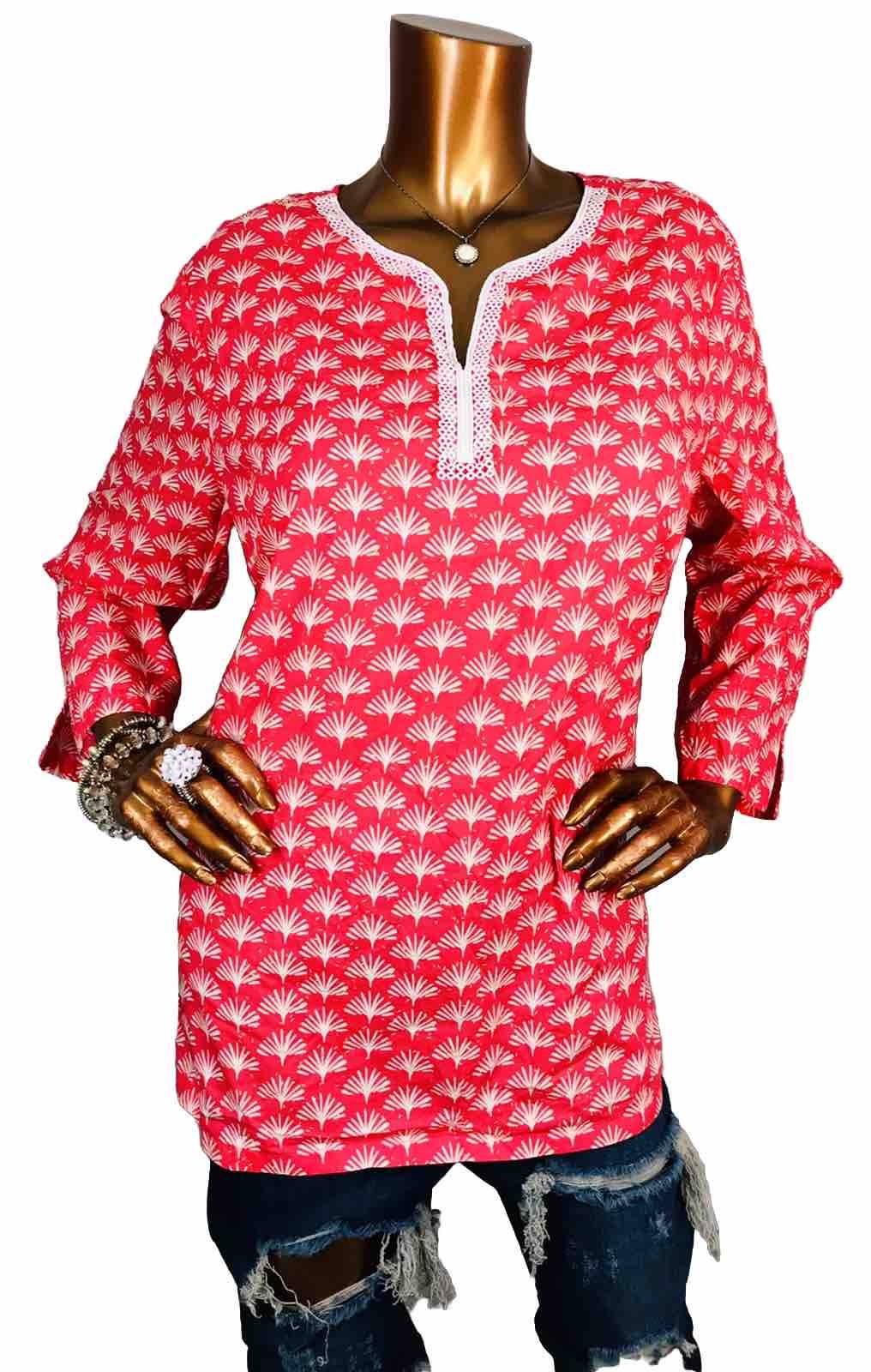 Talbots XL Top Low V Cut Pink White Print Shirt Soft 3/4 Slv Blouse Tunic