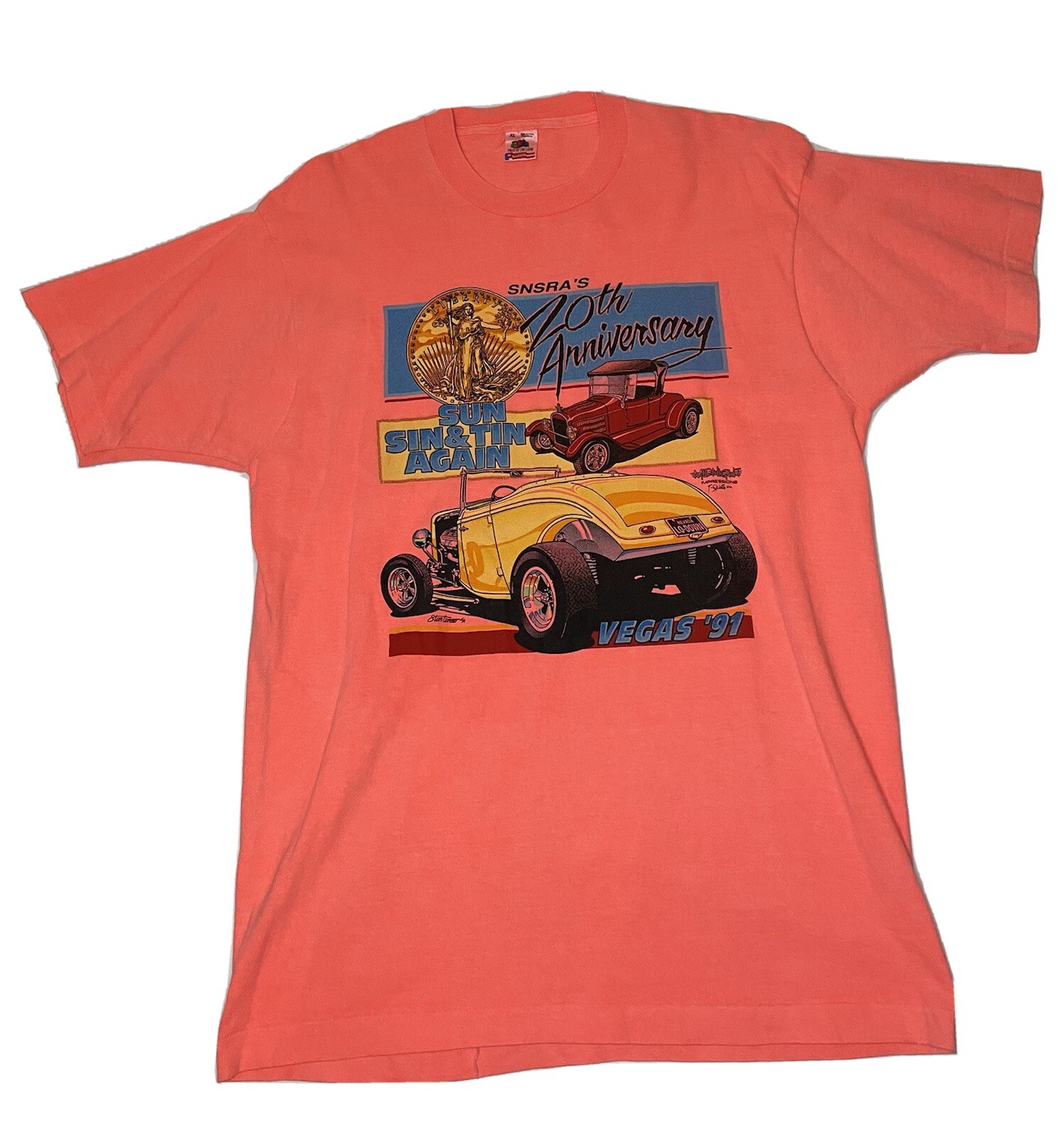 Vtg 90s Las Vegas Mens T Shirt XL Classic Cars Snsra Sun Sin Tin Hot Pink Peach