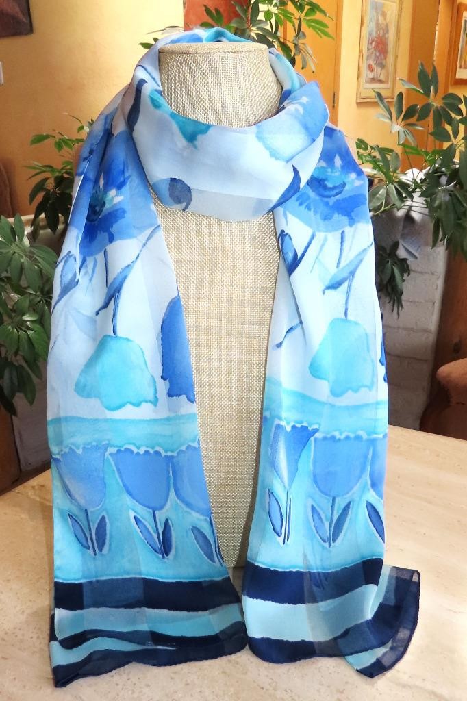 Oblong floral scarf; blue tones, white; 60×14.5 in. Semisheer; poly blend?