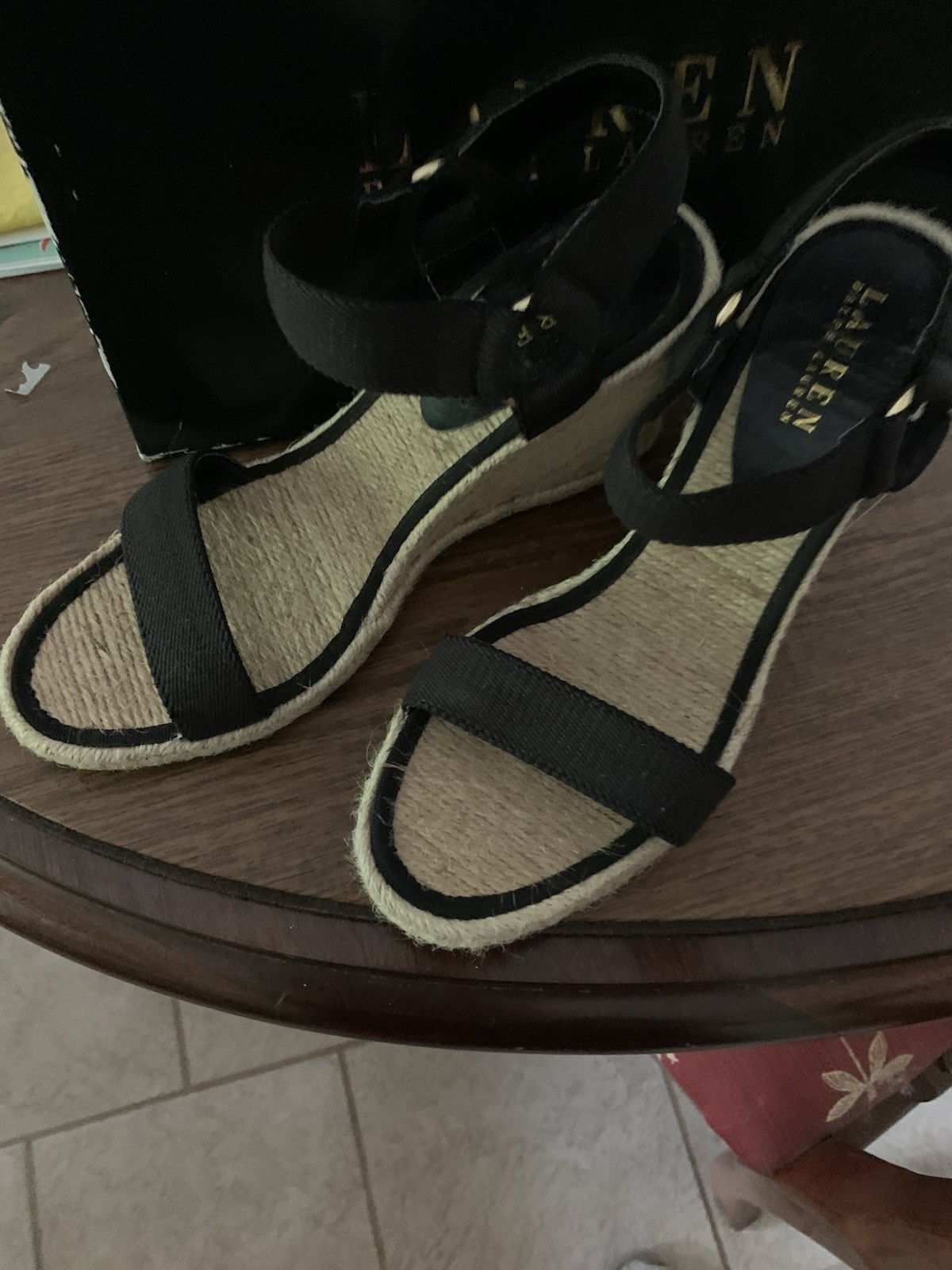 Lauren Ralph Lauren Women’s Strappy Ankle Strap Wedge Sandals 9.5 Black Beige
