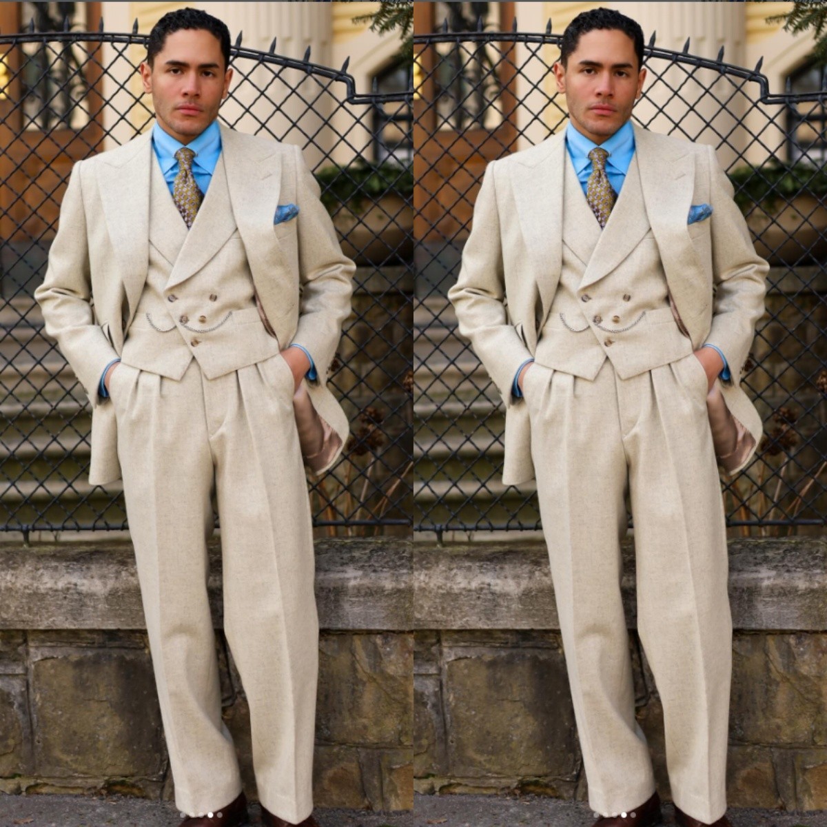 Wide Peak Lapel Men’s Suits Business Workwear 3Pcs Beige Formal Casual Coat