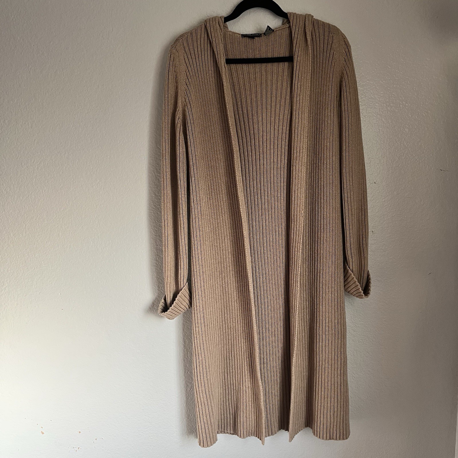Jeanne Pierre Long Cardigan Sweater Hooded Open Front Tan S Belted Ribbed Knit