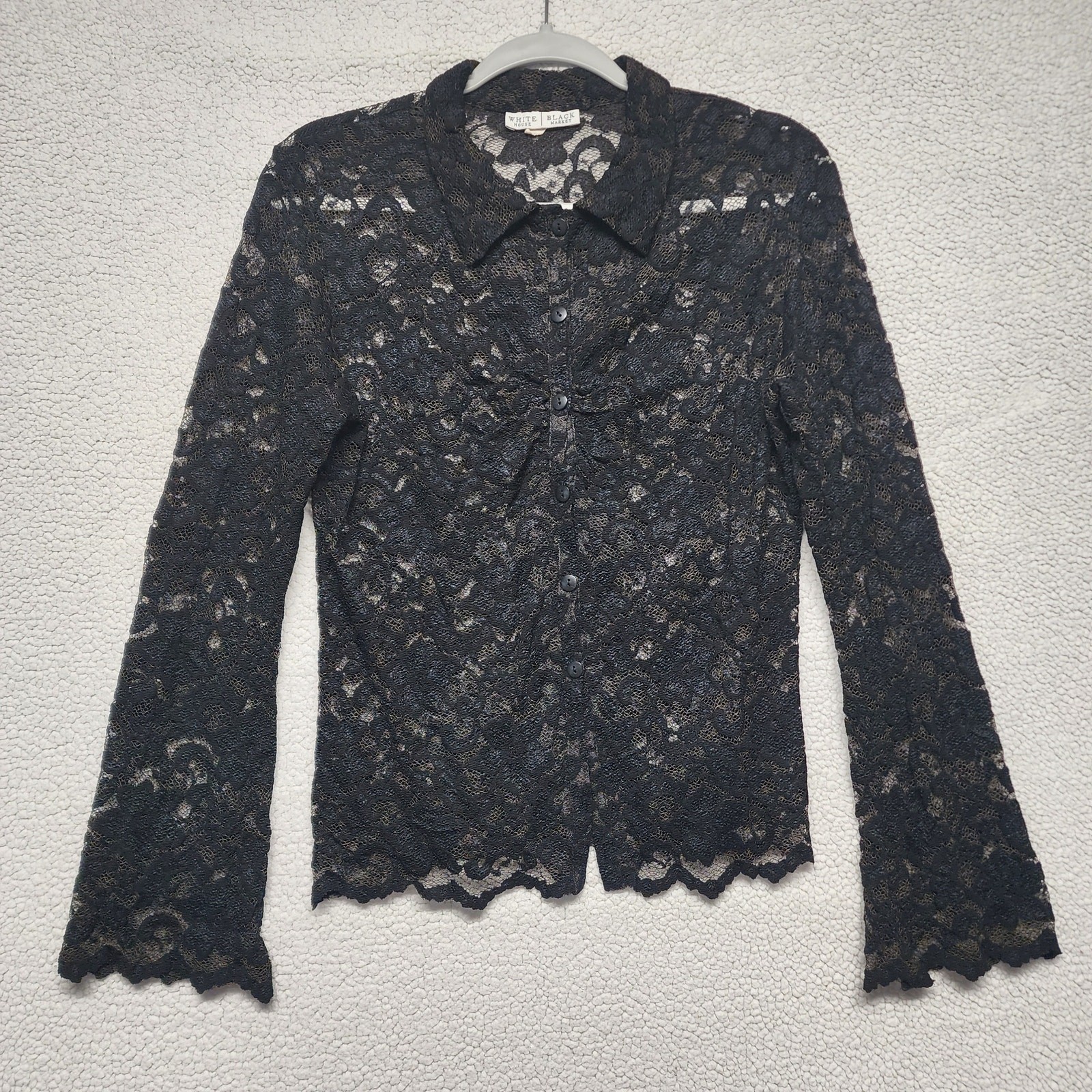 WHBM Lace Button Up Shirt Size M Long Flare Sleeve Sheer Whimsigoth Coquette