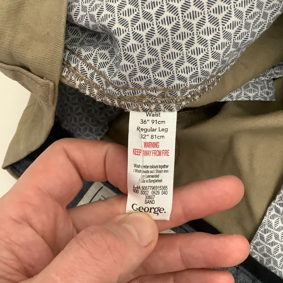 George Khaki Cotton Trousers 36w 32l Regular Leg Sand 97% Cotton 3% Elastane