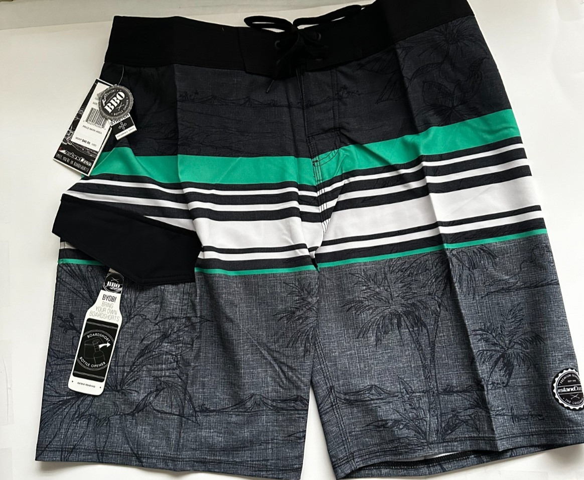 2-ISLAND DAZE BOARD SHORTS/BOTTLE OPENER 4 WAY STRETCH BLUE – NEW W/TAGS SIZE:32