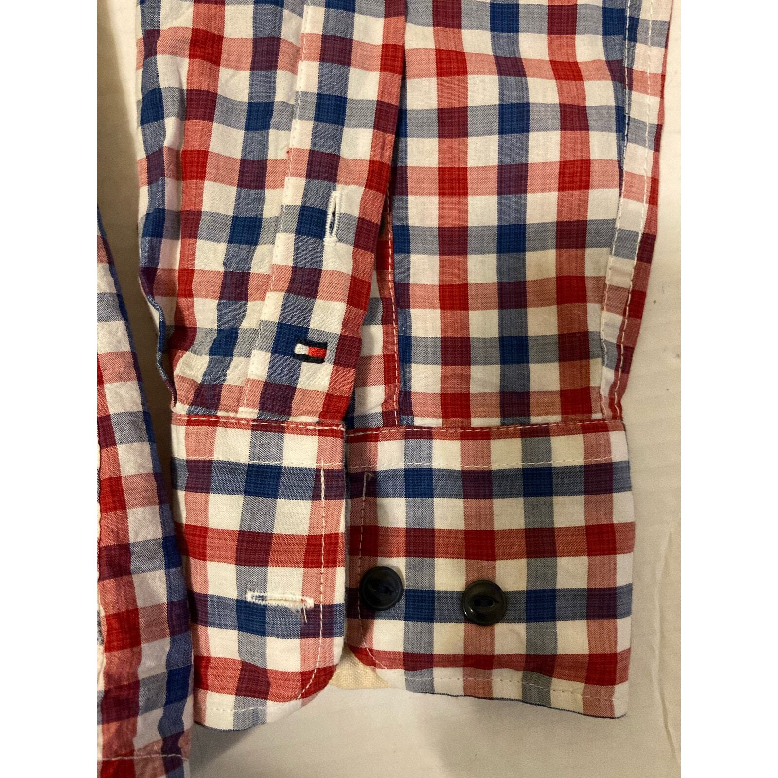 Tommy Hilfiger Navy Blue Red & White Plaid Button Down Shirt Men Size M