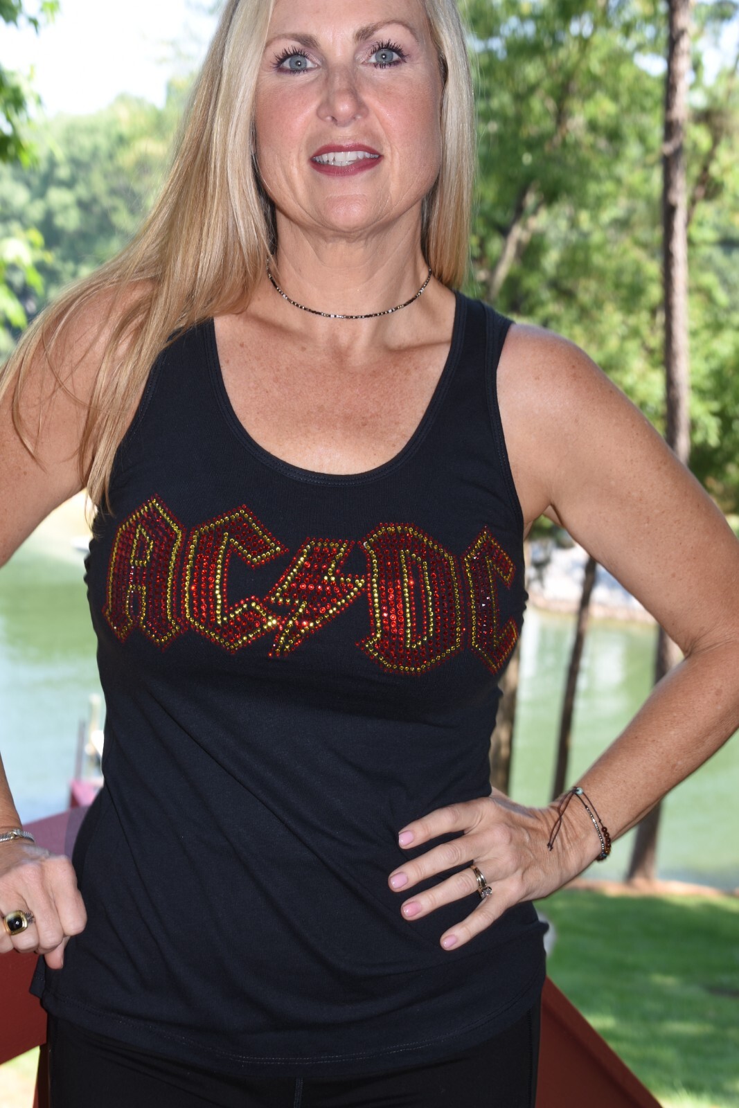 AC/DC rhinestone racer back tank top XS, S, M, L, XL, 2XL red yellow