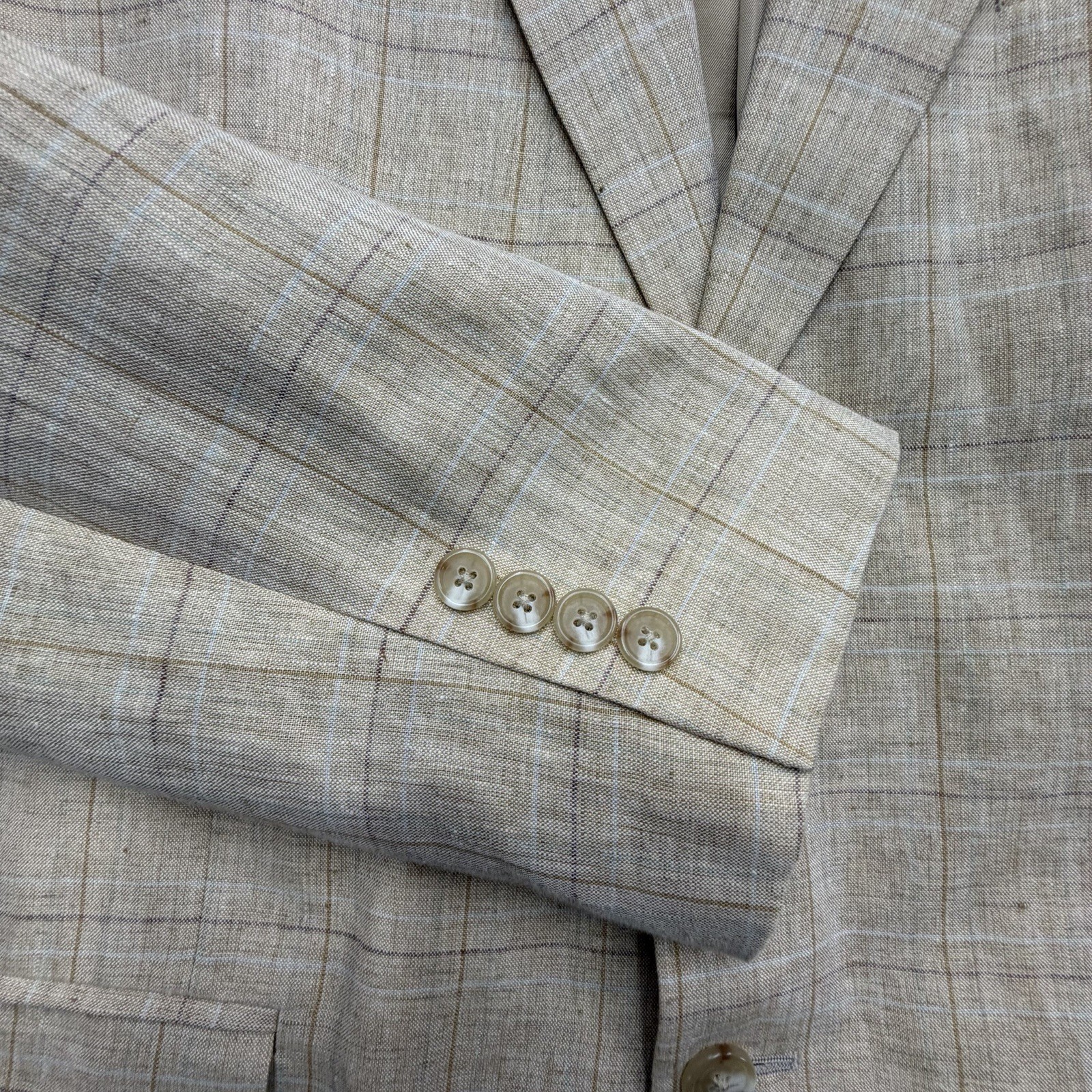 Haspel Blazer 42R Beige Windowpane Plaid 100% Linen 2-Button Sport Coat Jacket