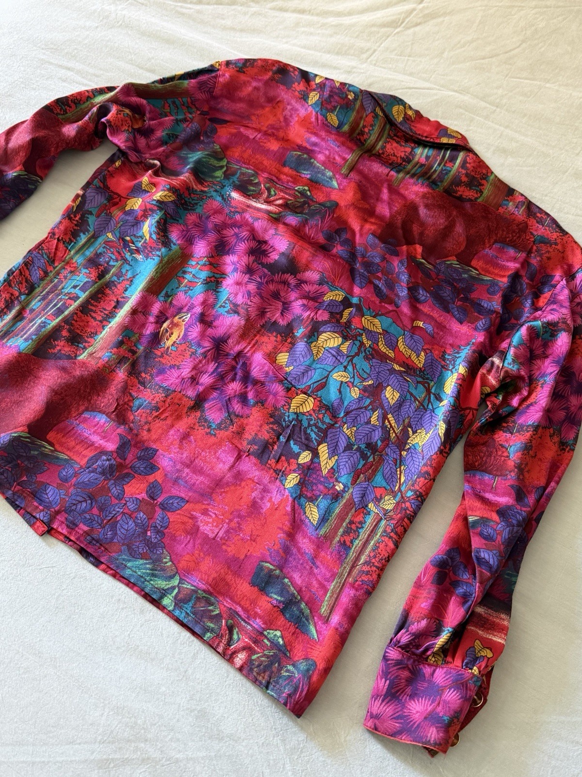 Vintage Escada Silk Blouse Button Up Neon Animal Forest Print Maximalism 36 S/M