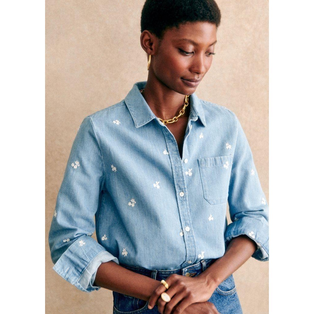 Sezane Tomboy Shirt Embroidered Blue Denim Chambray Long Sleeve Women EU 36 US 4