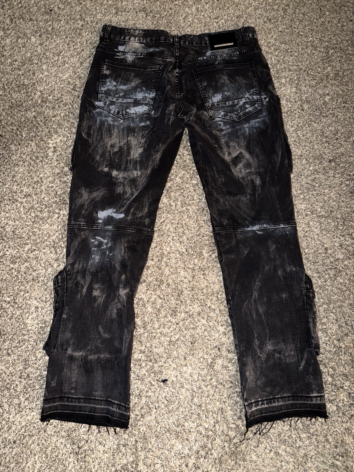 Men’s Distressed Cargo Paint Splatter Zipper Pocket Jeans Pants Stretch Black 34