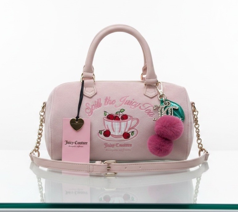 Juicy Couture Sweet Tea Party Satchel Crossbody Bag Pink Clay Embroidery Cherry