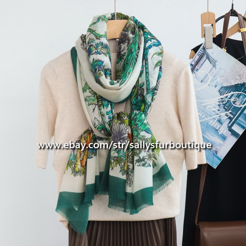 Sallys 200s Cashmere Thin Scarf Wrap Shawl Star Jungle Print Delicate 78″*39″