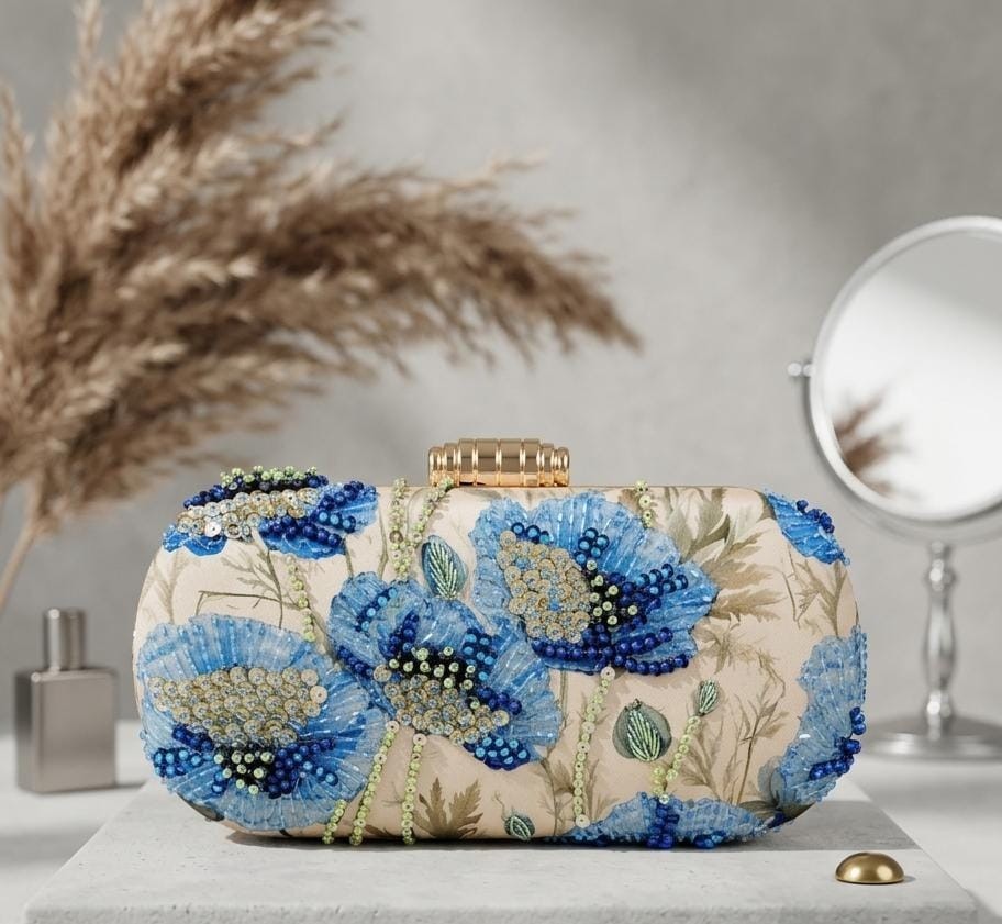 Luxury Evening Clutch Bag Leaf Artisan Sequin Work Gold Boho Embroidered Handbag