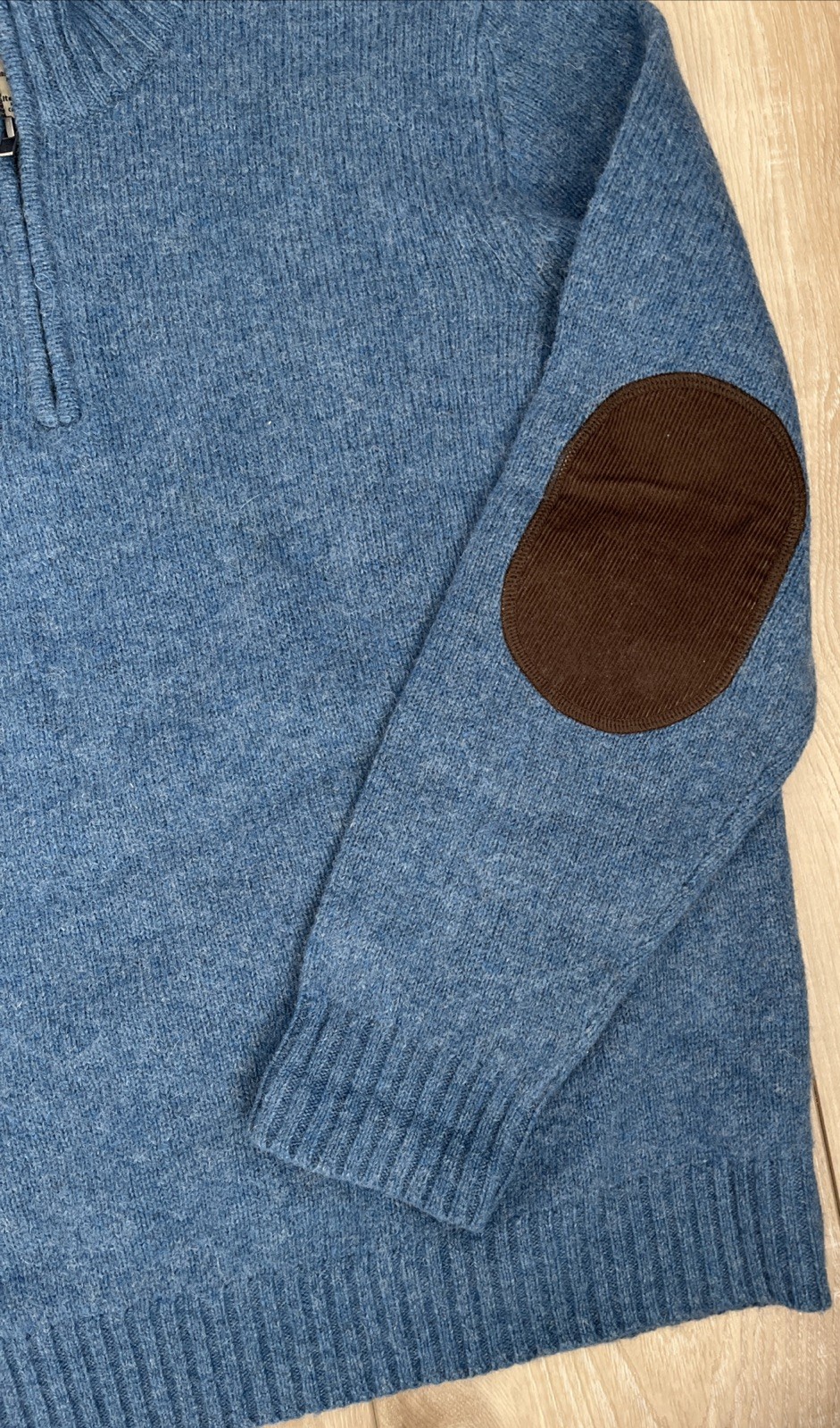 LL Bean Mens 100% Wool Shetland Sweater 1/4 Zip Pullover Elbow Patch Blue Size L