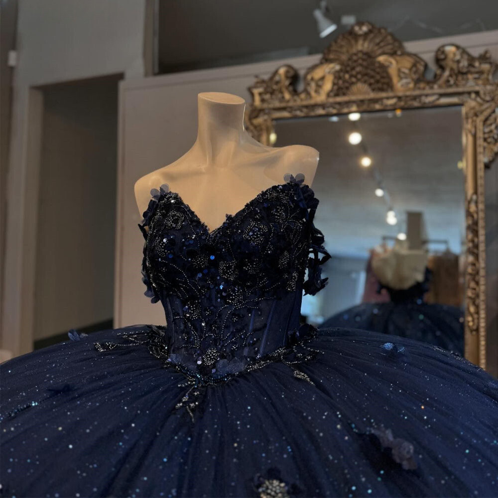 Off Shoulder Navy Blue Quinceanera Dresses Flowers Gold Applique Lace Gowns