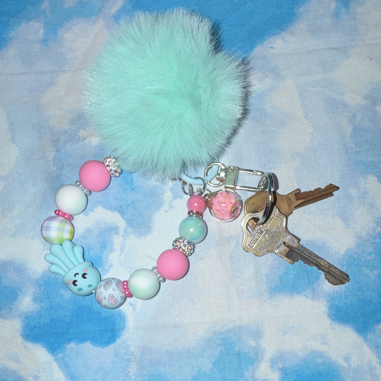Blue/Pink/White Cute Octopus Beaded Wristlet Key Chain/Bag Charm w/Pom Pom