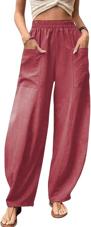 Casual Elastic Waist Harem Pants Women with Pockets Summer Barrel Pants Palazzo