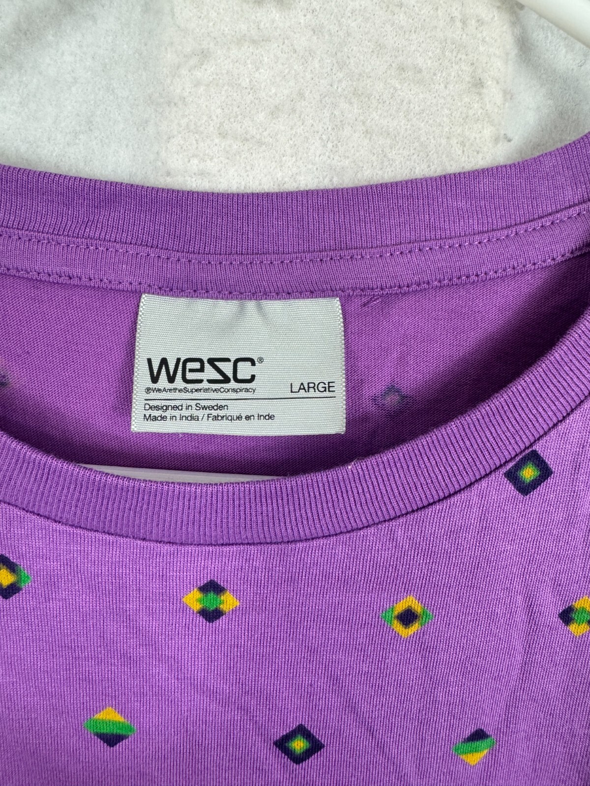 WESC Mens Large Shirt Dartenjang Purple Diamon pattern T-shirt Short sleeve Crew