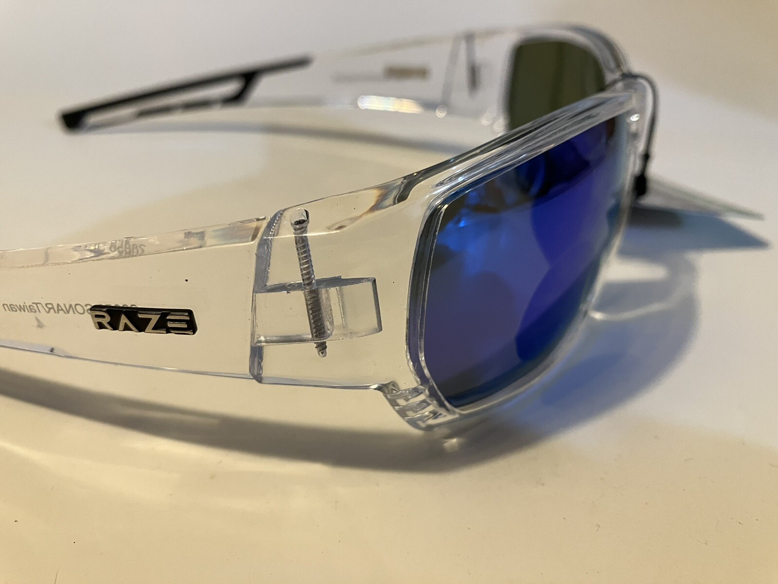 RAZE Eyewear Sunglasses Sonar Polarized Clear Frame Blue Mirror Smoke 28856