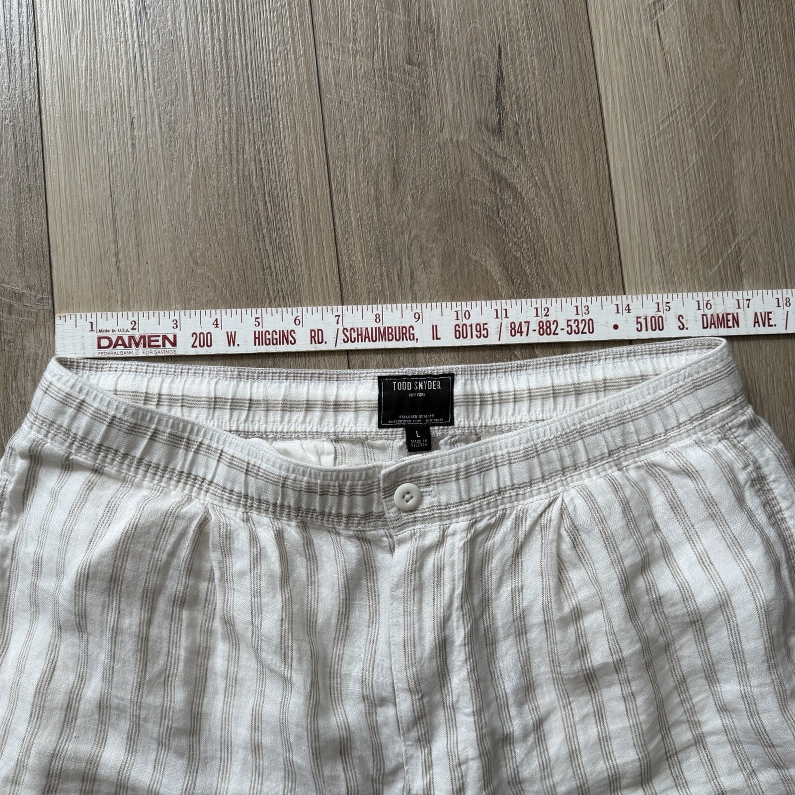 TODD SNYDER Relaxed 100% Linen Leisure Pants in White Striped Pleated L $198