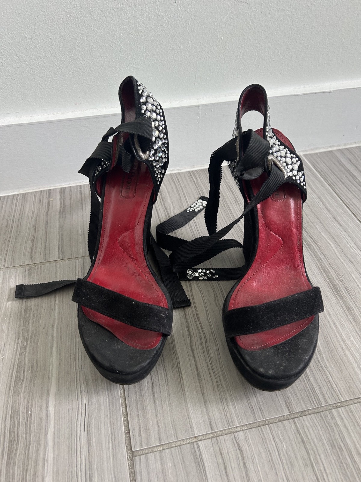 Cesare Paciotti Platform Heels Women Black Suede Rhinestone Ankle Wrap Sandals