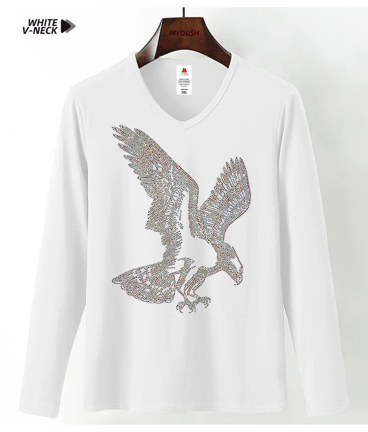Fashion Trend Eagle Rhinestones Streetwear Long Sleeve Luxury Men V-Neck T-Shirt