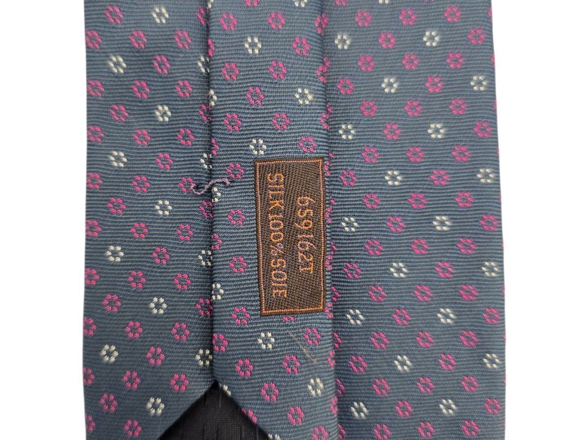 ✨ HERMES Navy Blue Silk Tie | Pink White Geometric Micro Flower Pin Dot Print