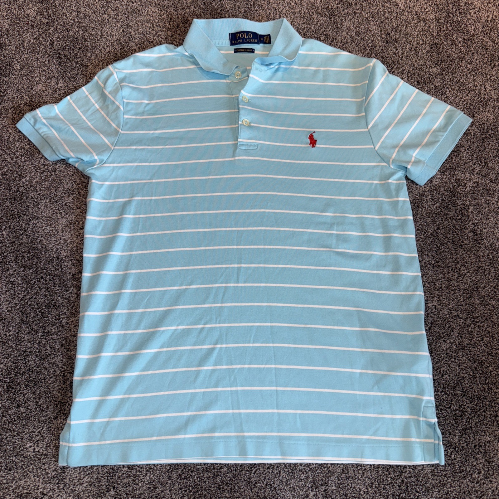 Ralph Lauren Turquoise And White Striped Polo Shirt Red Pony Slim Medium- Clean