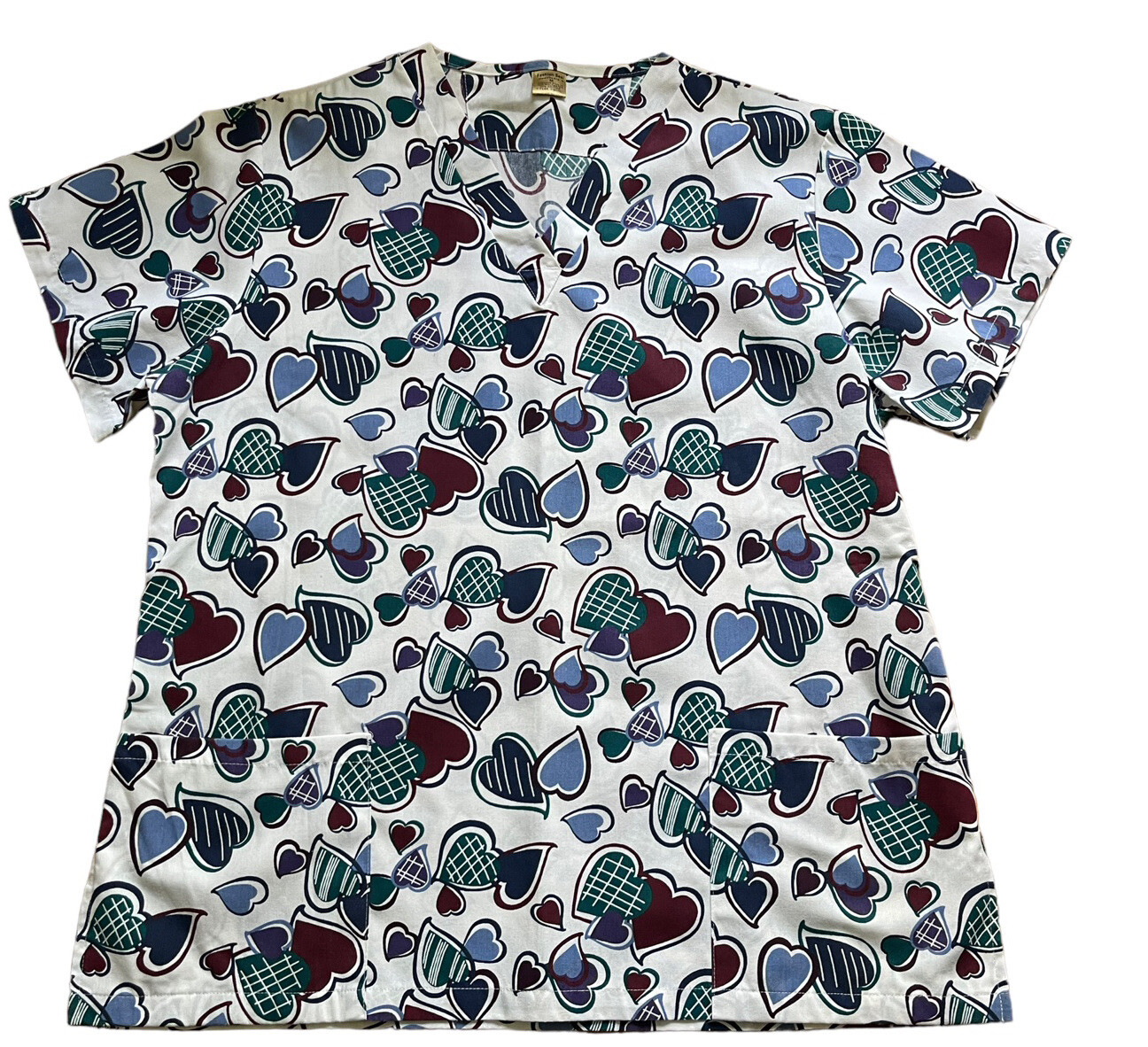 Fashion Seal Women’s White with Multi Color Hearts Scrub Top Short Sleeve size M