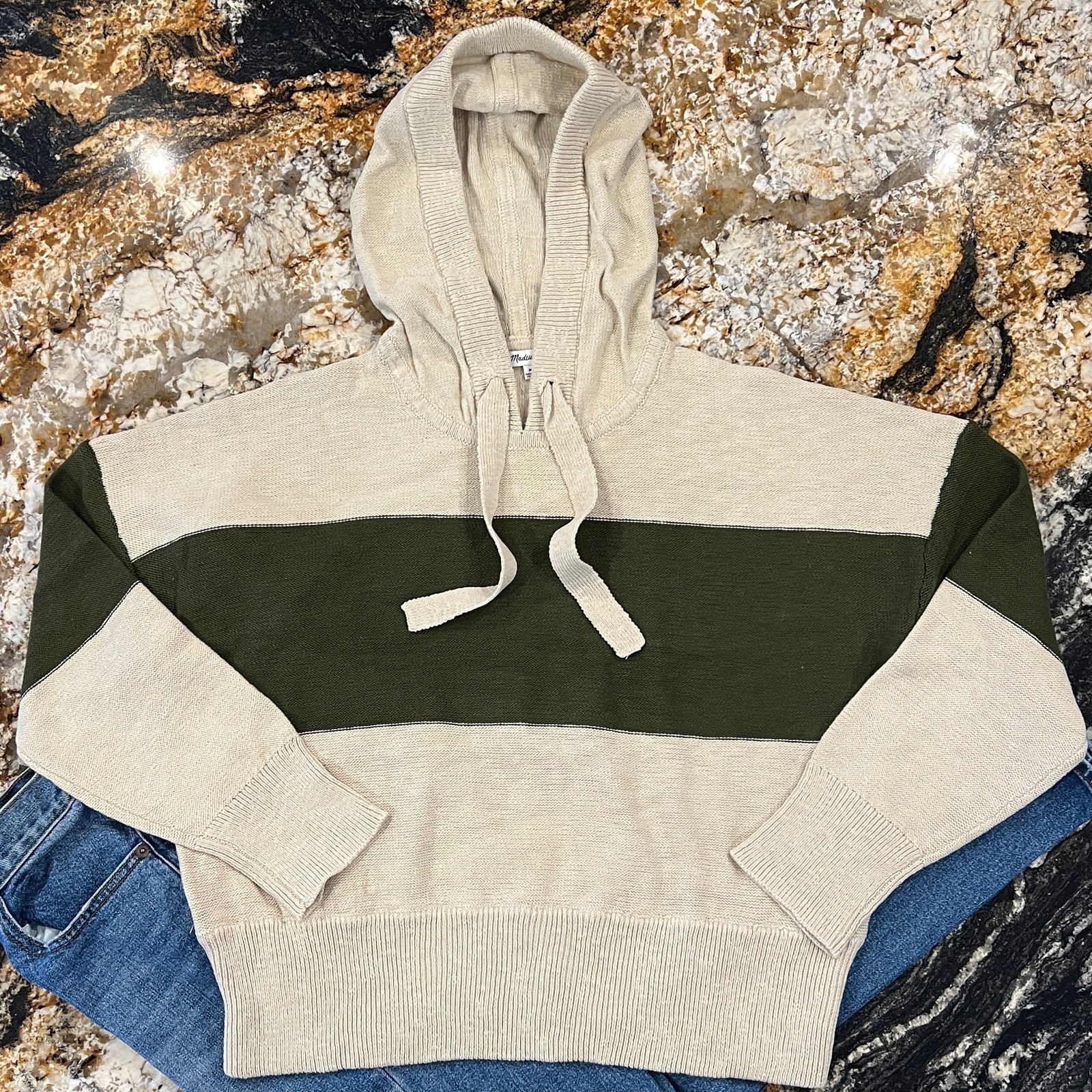 NWT Madewell Heather & Artichoke Green Colorblock Hoodie Sweater – SIZE MEDIUM