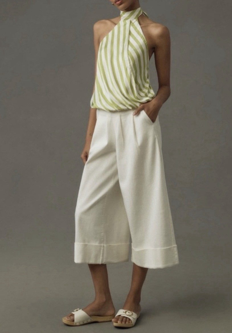 Maeve Green/White Striped Satin Viscose Halter Backless Tie-Back Top XS