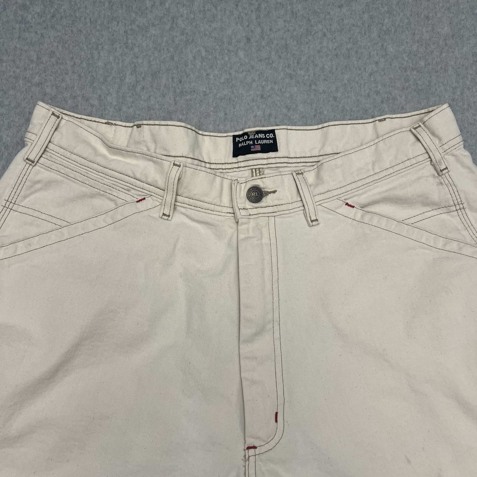 Polo Jeans Shorts Men’s 34 Beige Carpenter Hammer Loop Baggy Wide Leg Flag Logo