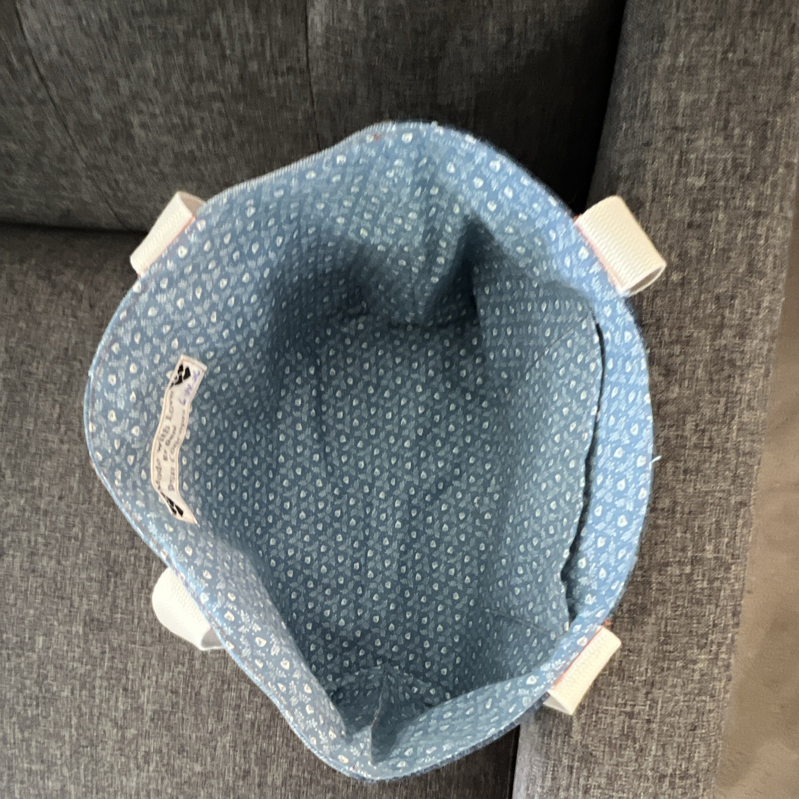 Women’s Blue Denim Tote Bag Lined White Canvas Double Handles Ins & Out Pockets