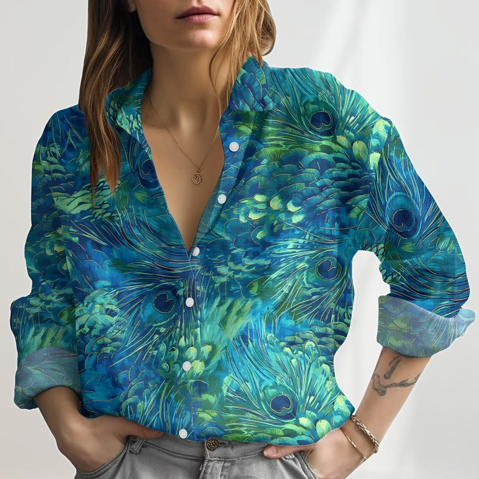 Peacock Feather Linen Look Shirt Boho Style Blouses Tops Women
