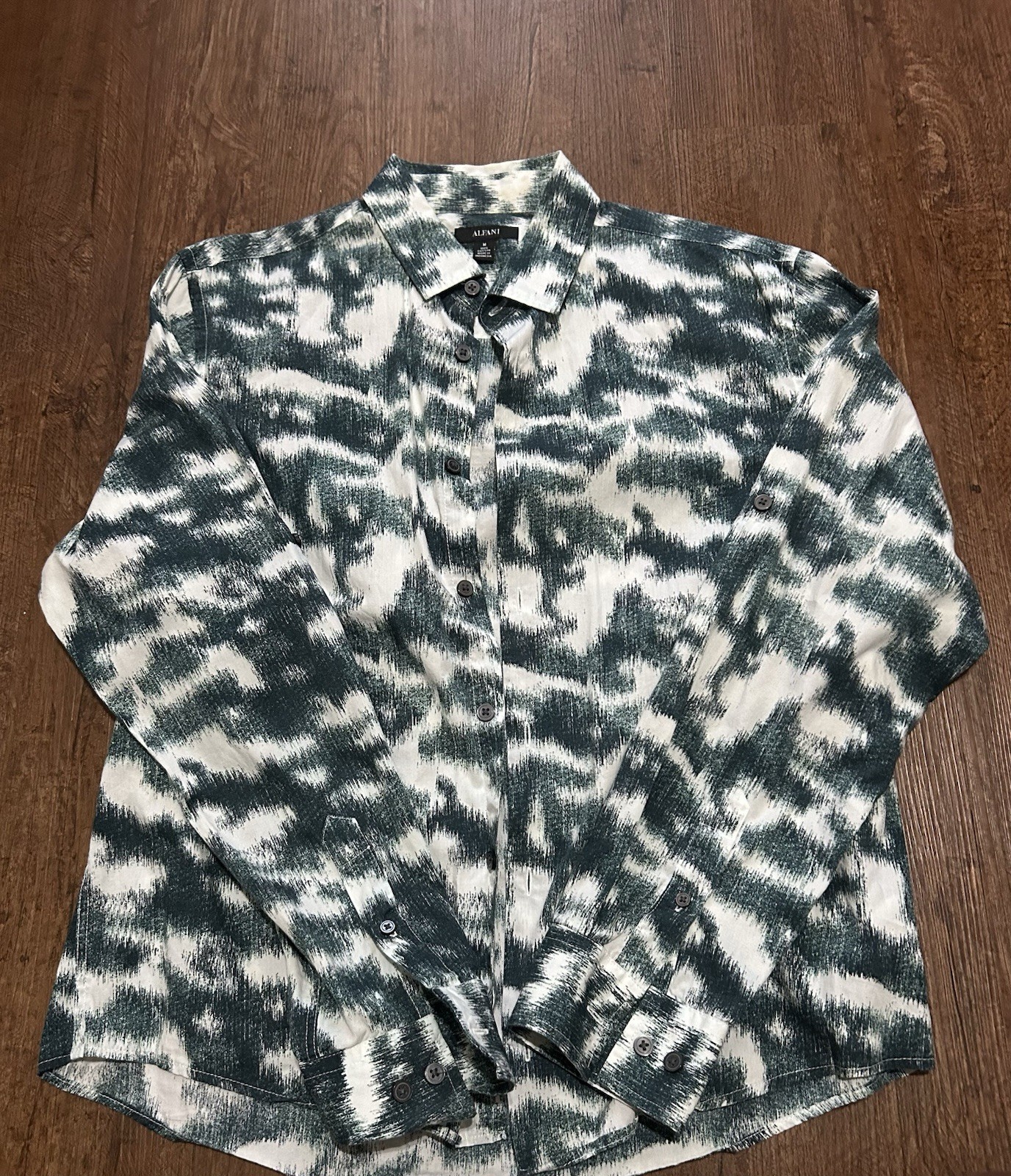 Alfani Men’s Green/White Abstract Cotton Woven Long Sleeve Button-Up M