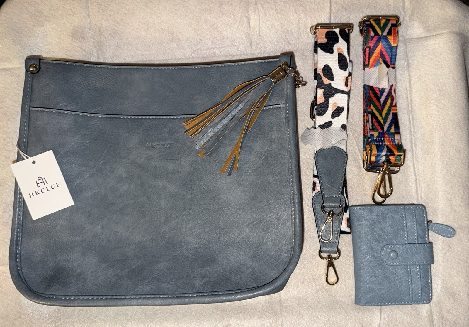 NWT HKCluf Crossbody Purse 4055 With Tassel And Wallet In Light Blue